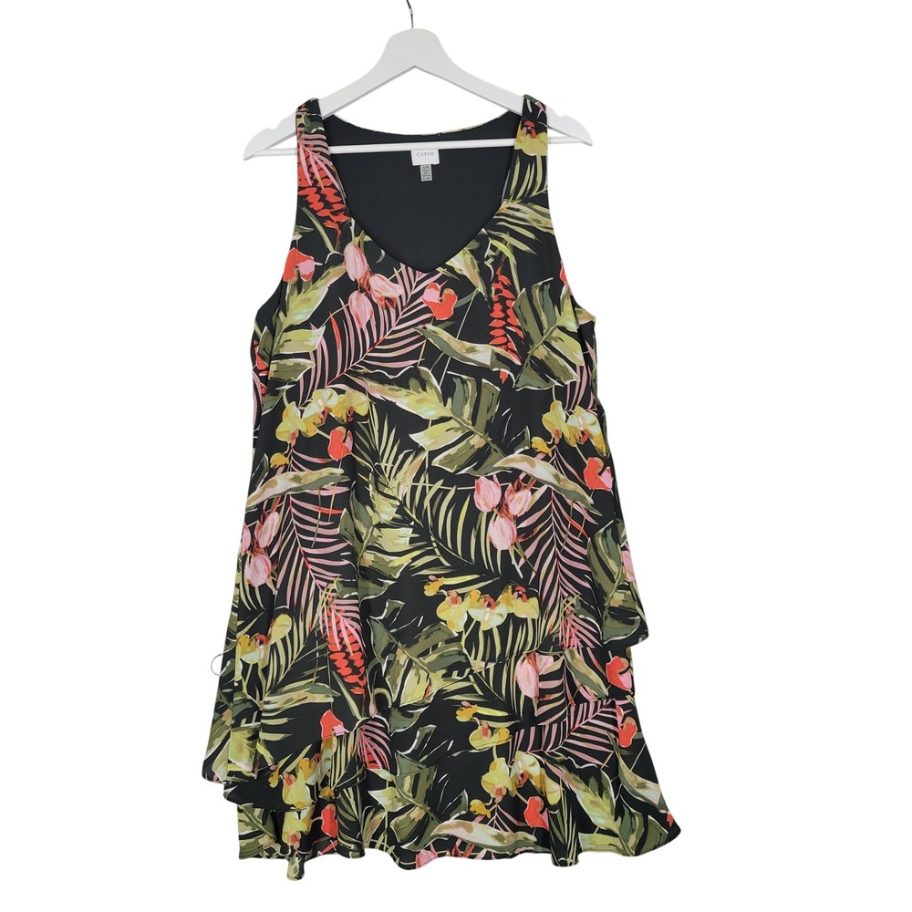Cupio Dress Womens Large Green Black Tropical Floral Tiered Ruffle Sleeveless